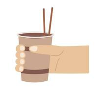 Isolated hand with coffee cup paper container. Take away hot drink with drinking straw in cartoon style vector