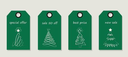 Vector set of discount price tags. Labels with Christmas tree line. Christmas sale.