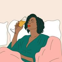 un mujer bebidas un vaso de champán en cama. vector. vino hora vector