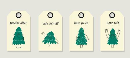 Vector set of discount price tags. Labels with  Christmas tree with face emotions, hands and legs. Christmas sale.