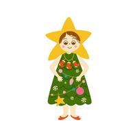 Kids Christmas costume vector isolated element. Little girl wearing Christmas tree costume for party. Cute winter holiday celebration character. Performing on school or kindergarten matinee.