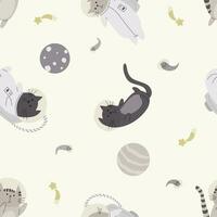 Seamless pattern with various astronaut cats in helmets, spacesuits playing among the stars in space. Vector illustration