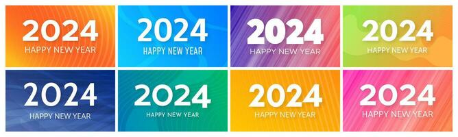 2024 Happy New Year backgrounds.  Set of eight modern greeting banner templates with white 2024 New Year numbers on colorful abstract backgrounds with lines. Vector illustration