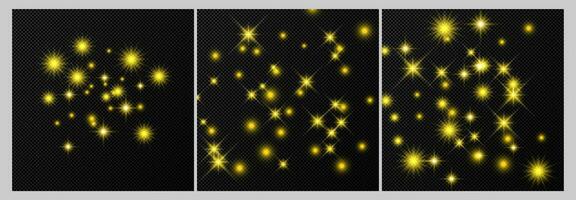 Set of three gold backdrops with stars and dust sparkles isolated on dark background. Celebratory magical Christmas shining light effect. Vector illustration.