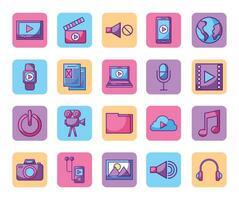 A set of colorful icons that include music, video, and other items vector