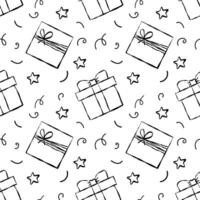 Seamless pattern with Christmas birthday doodle gift boxes. Wrapping paper pattern, bows and ribbons. vector