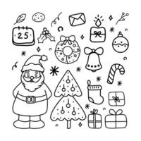 Set of elements for Christmas. Vector elements in doodle style.  Wreath, candle, gift box, Santa Claus, tree, candy cane, cookie, snowflake, calendar, bell.