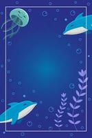 Cute cartoon card, template. With dolphins, jellyfish, algae and bubble underwater. Blue and violet background. For card, invitation, certificate, celebration. vector