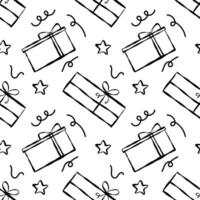 Seamless pattern with Christmas birthday doodle gift boxes. Wrapping paper pattern, bows and ribbons. vector