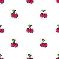 Cherry seamless pattern on white background. Red ripe berries and green leaves. Vector illustration in cartoon flat style.
