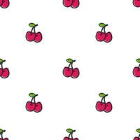 Cherry seamless pattern on white background. Red ripe berries and green leaves. Vector illustration in cartoon flat style.