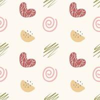 Seamless Pattern with abstract boho elements swirl, blob, heart. Various shapes isolated on light background. Warm boho element. vector