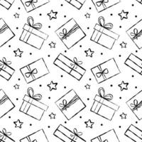 Seamless pattern with Christmas birthday doodle gift boxes. Wrapping paper pattern, with bow and ribbons. Vector illustration.