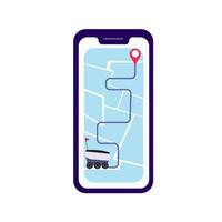 Delivery online service.  Delivery robot makes fast delivery with smartphone app application.Autonomous shipping vehicle  location on map of phone. Vector illustration.