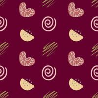 Seamless Pattern with abstract boho elements swirl, blob, heart. Various shapes isolated on dark background. Warm boho element. vector