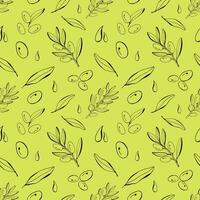 Olive line seamless pattern. Vector branch, sketch fruits, foliage and flower. Graphic monochrome collection. Organic food, oil. For label, border, wrapping paper. Isolated on green background.
