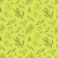 Olive line seamless pattern. Vector branch, sketch fruits, foliage and flower. Graphic monochrome collection. Organic food, oil. For label, border, wrapping paper. Isolated on green background.