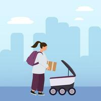 Robotic delivery. A woman loads a parcel for delivery by a robot. Concept pickup fast delivery of goods in the city. Technological innovations. vector