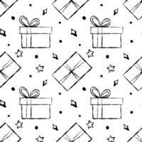 Seamless pattern with Christmas birthday doodle gift boxes. Wrapping paper pattern, bows and ribbons. vector