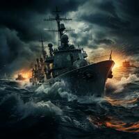 furioso naval conflicto en el medio de un Tormentoso oscuridad, ai generativo foto