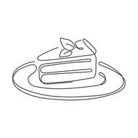 A piece of cake on a plate with a mint leaf, vector isolated illustration in line-art style.