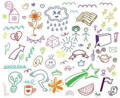 Hand drawn colorful set of simple decorative elements. Various icons such as hearts, stars, speech bubbles, arrows, lines isolated on white background. vector