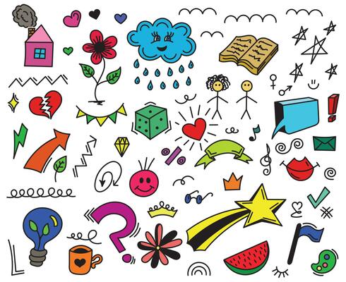 Hand drawn colored set of simple decorative elements. Various icons such as hearts, stars, speech bubbles, arrows, lines isolated on white background.