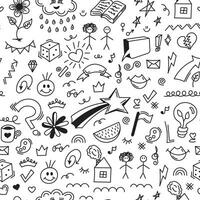 Doodle seamless pattern in black and white repeated with mini doodle drawings icons . Illustration is in vector mode.