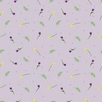 Seamless floral vector pattern. Surface design with small spring plants like tulip, mimosa flowers, leaves, branches isolated on lilac background.