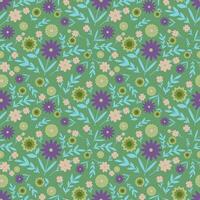 Seamless floral vector pattern. Surface design with small plants as flowers, leaves, twigs, isolated on a green background.