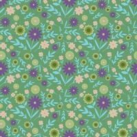 Seamless floral vector pattern. Surface design with small plants as flowers, leaves, twigs, isolated on a green background.