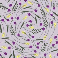 Seamless floral vector pattern. Surface design with small spring plants like tulip, mimosa flowers, leaves, branches isolated on lilac background.