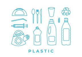 Recycling and sorting of plastic waste. Linear icons. Garbage sorting and segregation. Ecology. Editable strokes. Line art, doodles. vector