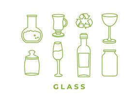 Recycling and sorting of glass waste. Bottle, cup, bulb, jar, glass. Linear icons. Garbage sorting and segregation. Ecology. Editable strokes. Line art, doodles. vector