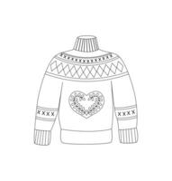 Ugly turtleneck sweater in Scandinavian style with folk pattern. Winter cozy pullover, jumper. Basic essentials. Cozy clothes. Line art. Linear sketch. Doodle, icon. Christmas holidays. vector