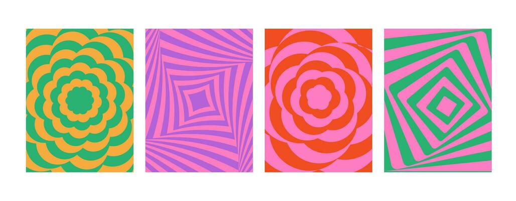 Modern optical illusion abstract backgrounds. Optical modern art. Psychedelic groovy hippie swirls. Y2k. Hypnotic surreal covers, posters, banners, cards. Vector illustration.