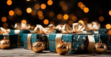 Beautiful Christmas gift box on bright bokeh background - AI generated image photo