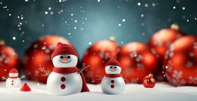 Winter holiday christmas background banner - Close-up of snowmen on snowy bokeh background - AI generated image photo