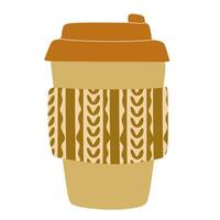 Paper Cup of Coffee with a lid in a Knitted scarf. Vector, white background, isolated illustration. Flat style Takeaway Hot drink in Warm Autumn colors. Design art for Cafe Menu, Perk, Card, Banner vector