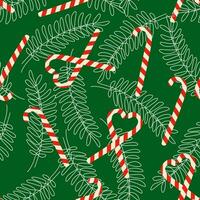 Vector Candy canes seamless pattern with Outline fir branches. Flat style illustration for Christmas Wrapping paper, Fabric, Textile, Greeting card. Seasonal holiday Decoration with sweets.