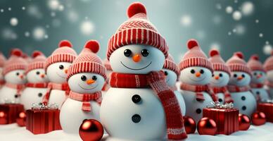 Winter holiday christmas background banner - Close-up of snowmen on snowy bokeh background - AI generated image photo