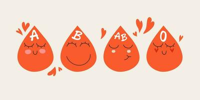 Cute happy blood drop characters. Vector modern trendy flat style cartoon illustration icon design. Blood type, group character concept