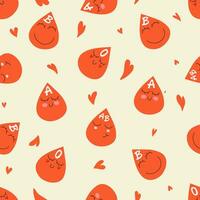 Blood donation seamless pattern with doodle elements. Vector seamless pattern of flat hand drawn blood drop with face. World blood donor day.