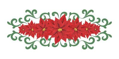 Floral horizontal Christmas or New Year decor of poisettia with swirls. Decorative border of red flowers. For greeting card design, invitation, holiday background. Vector illustration.