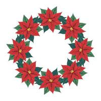 Decorative Christmas or New Year wreath of red flowers poinsettia with green leaves. Isolated floral decor for greeting card design, invitation, holiday background. Vector illustration.
