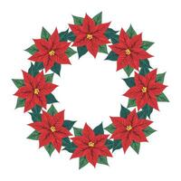 Decorative Christmas or New Year wreath of red flowers poinsettia with green leaves. Isolated floral decor for greeting card design, invitation, holiday background. Vector illustration.