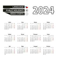 Calendar 2024 in Czech language, week starts on Monday. vector