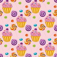 Seamless pattern of sweets, cookies and cupcakes decorated with cream. Birthday cupcakes with candy. Pink background. For wrapping paper, packaging, fabric, wallpaper. vector