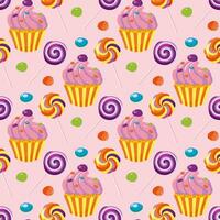 Seamless pattern of sweets, cookies and cupcakes decorated with cream. Birthday cupcakes with candy. Pink background. For wrapping paper, packaging, fabric, wallpaper. vector