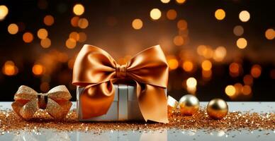 Beautiful Christmas gift box on bright bokeh background - AI generated image photo